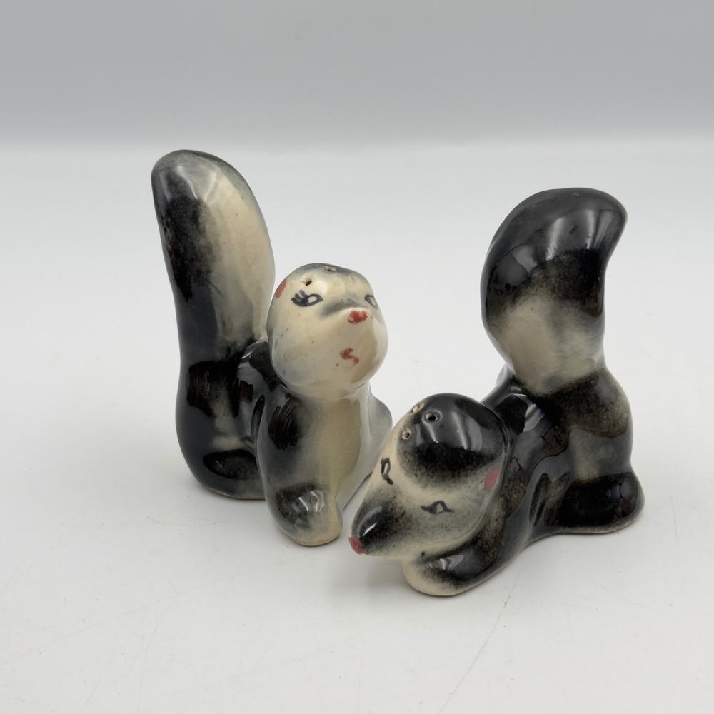 Vintage Ceramic Skunk Salt and Pepper Shakers Black White Hand Painted MCM